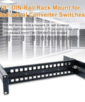 Universal 2U 19 Inch Rack Mount Kit For DIN Rail Devices With Adjustable Depth Includes 1.38 Inch DIN Rail Track Simplified Mounting For Industrial Media Converters In Standard Cabinets And Server Racks, shown in a server room setting.