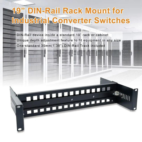 Universal 2U 19 Inch Rack Mount Kit For DIN Rail Devices With Adjustable Depth Includes 1.38 Inch DIN Rail Track Simplified Mounting For Industrial Media Converters In Standard Cabinets And Server Racks, shown in a server room setting.