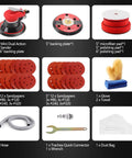 Pro Grade Pneumatic Random Orbital Sander 5 Inch And 6 Inch with accessories including sandpapers, pads, hose, and tools