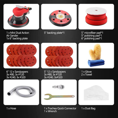 Pro Grade Pneumatic Random Orbital Sander 5 Inch And 6 Inch with accessories including sandpapers, pads, hose, and tools