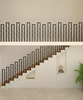 Legit Top Shelf Black Wrought Iron Handrails Built Tough For Steps And Decks, ten piece handrail set on wooden staircase.