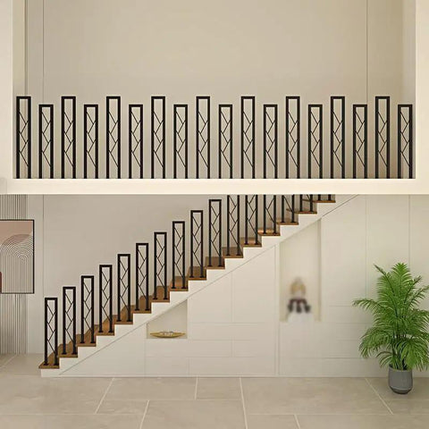 Legit Top Shelf Black Wrought Iron Handrails Built Tough For Steps And Decks, ten piece handrail set on wooden staircase.