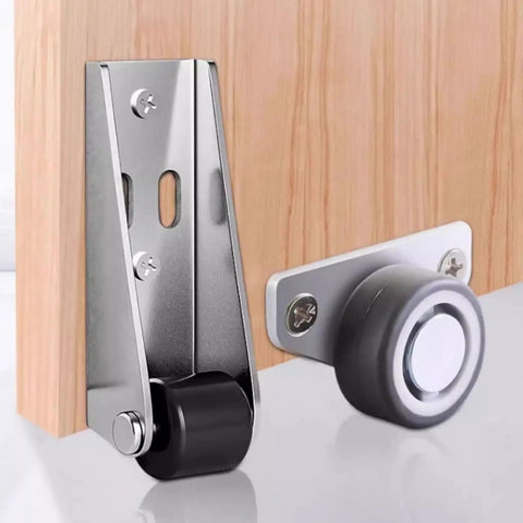 Heavy Duty Vertical Track Roller Wheels With Soft Rubber Coating, Fixes Drooping Barn Doors Fast, steel bracket and rubber wheel on wood.