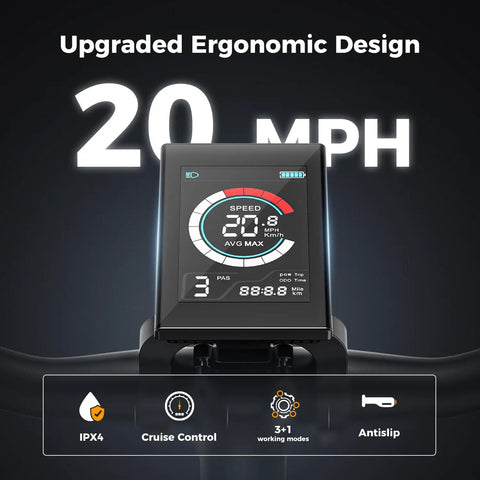LCD display of Powerful 1000W Peak Motor Electric Bike for Adults With 26 Inch Tires, showing 20 MPH speed and features.