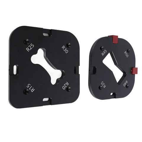 Kickass Woodworking Radius Template Set With Durable Aluminum Router Guide And Quick Release Bases for R25 to R50 routing templates.