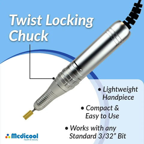 TurboFile II Electric Nail File 2026 Upgrade Handpiece with 30,000 RPM Motor, twist locking chuck visible on blue background