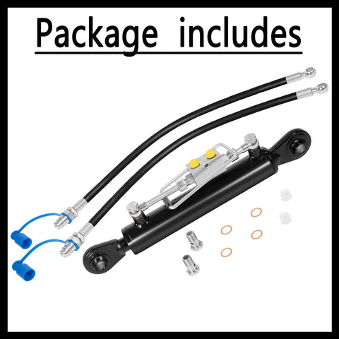 Package includes Beefy Heavy Duty Hydraulic Top Link For Tractors And Excavators Adjustable Cat 1 To 2 Length One Eighth To Twenty Six And Three Eighths Inches Includes Locking Block And Dual Hoses, fittings and caps