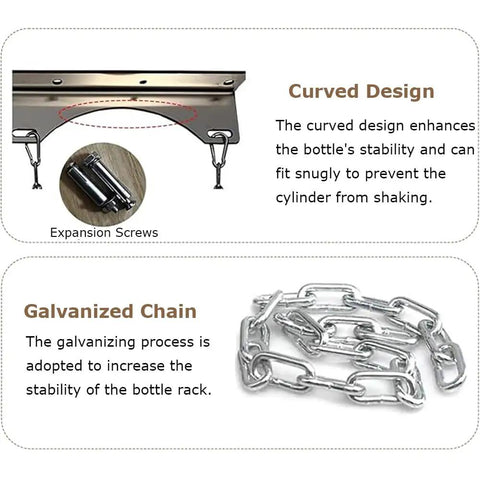 Wall Mounted Steel Gas Cylinder Holder With Chain Support showing curved design and galvanized chain for stability.