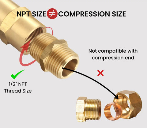 Half Inch NPT Brass Hex Nipple Male To Male Pipe Adapter showing thread size compatibility and warning of compression incompatibility.