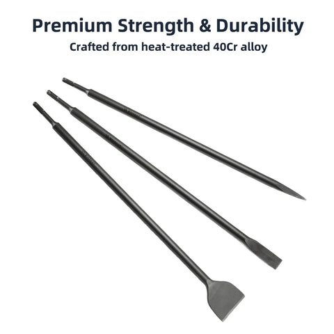 Beefy 24 Inch SDS Plus Three Piece Chisel Set With 1 Inch Flat Chisel 1 Inch Point Chisel And 3 Inch Scaling Chisels Built For Long Reach Heavy Duty Concrete Demolition And Tile Removal Tool For SDS Plus Hammer Drill Attachment 40Cr Steel displayed on a white background.