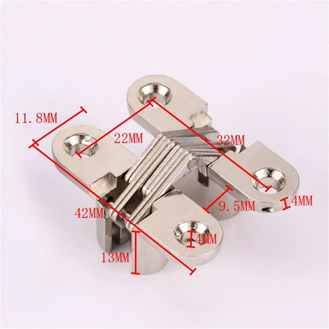 4 Pack Cross Barrel Invisible Hinges With Concealed Bearings For Wood Boxes And Cabinets showing precise measurements in mm