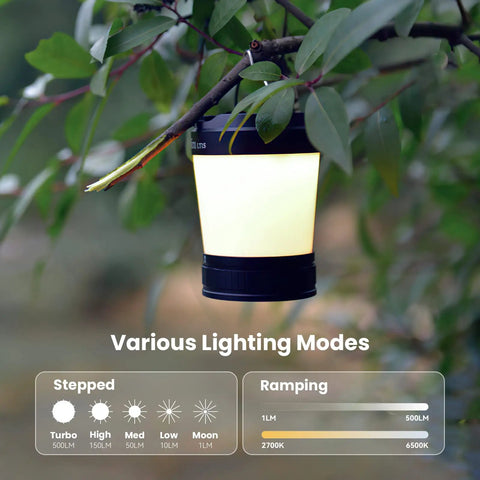 Rechargeable LED Camping Lantern With Dimmable Warm And Cool Light And Red Night Mode hanging on a branch outdoors.