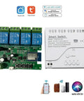 4 Channel Smart WiFi Relay Module with Bluetooth and RF remote control, Tuya Smart Life compatible, works with Alexa and Google Home, 5V or 7-32V DC and AC, shown with components and app icons.