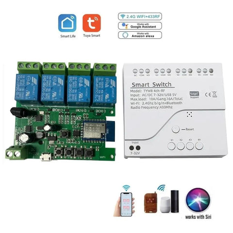 4 Channel Smart WiFi Relay Module with Bluetooth and RF remote control, Tuya Smart Life compatible, works with Alexa and Google Home, 5V or 7-32V DC and AC, shown with components and app icons.