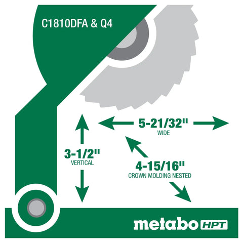 Diagram of Cordless Miter Saw Kit With 10-Inch Blade, showing 5-21/32 inch width, 3-1/2 inch vertical, and 4-15/16 inch crown molding.