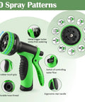 10 spray patterns on spray nozzle from 5 Gallon Nursery Pots 20 Pack With 50 Foot Garden Hose And Spray Nozzle Plus 3 In 1