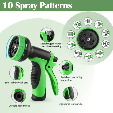 10 spray patterns on spray nozzle from 5 Gallon Nursery Pots 20 Pack With 50 Foot Garden Hose And Spray Nozzle Plus 3 In 1