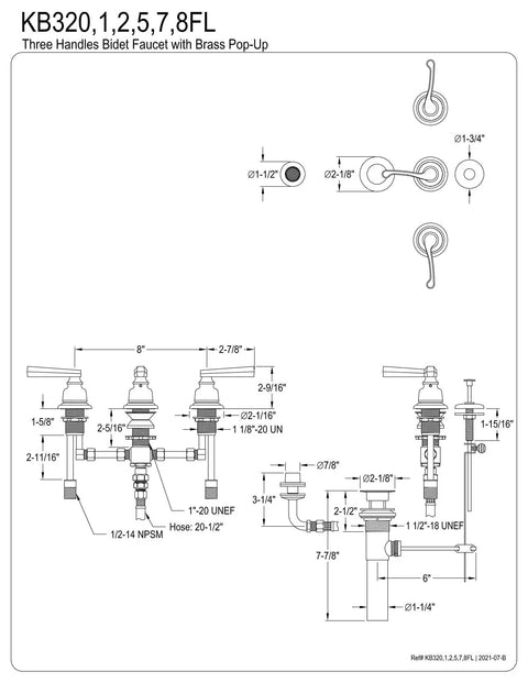 Diagram of Royale Bidet Faucet in Brushed Nickel Finish with Solid Brass Construction showing dimensions and connections.