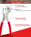 Heavy Duty Belt Hole Puncher For Leather 6 Size Revolving Hole Punch Tool with red handles and labeled features