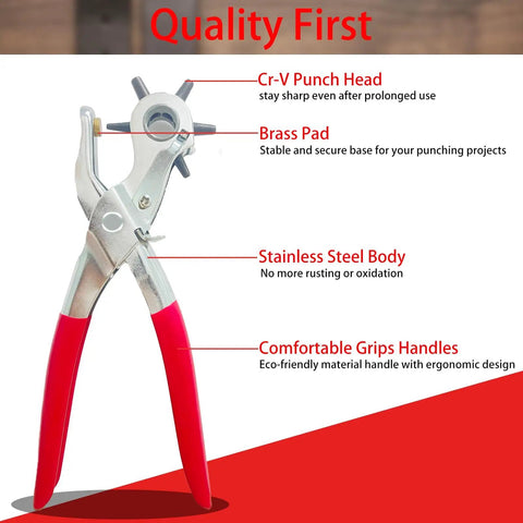 Heavy Duty Belt Hole Puncher For Leather 6 Size Revolving Hole Punch Tool with red handles and labeled features