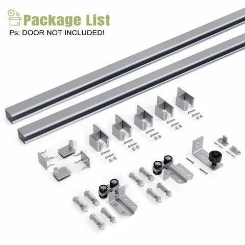 8FT Exterior Sliding Barn Door Hardware Kit With Box Rail Track 450 Lb Capacity Silver Weather Resistant Steel components shown