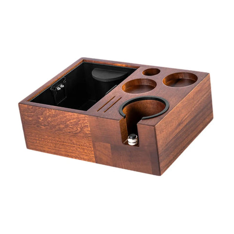 Level Up Your Pour With This Espresso Tamping Station Featuring A Heavy Duty Coffee Tamper Holder And Powder Distributor. Non Slip Rubber Base Keeps Mess At Bay. Espresso tamping station with wooden design, 4 holder spaces.