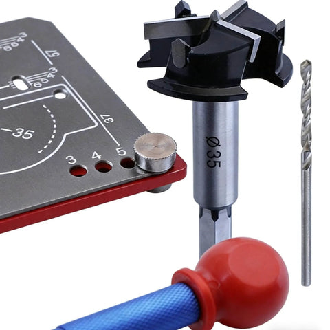 Cabinet Door Mounting Jig With Precision Hinge Locator 8x8.5x1.5cm, showing drill bits and adjustable positioner in close-up view.