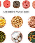 Pro Grade Garden Seeder For Backyard Sowing showing seed discs and applicable seeds for planting, variety of seeds visible.