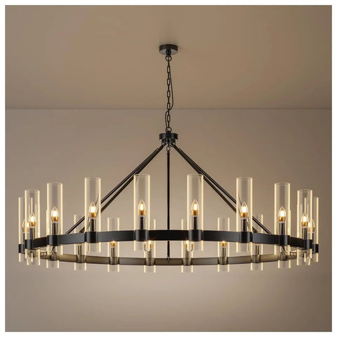 Black Wagon Wheel Chandelier With 20 Lights Modern Farmhouse Pendant Light 60 Inch Round Glass Shade Industrial Ceiling Fixture