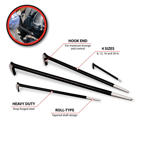 Roll Type Pry Bar Set 4 Piece Built Tough Heavy Duty Steel With Corrosion Resistant Powder Coat Finish Includes 6 Inch 12 Inch 16 Inch And 20 Inch Pry Bars For Vehicle Repair And Demolition Leverage Drop Forged Strength shown with labeled features