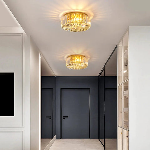 Four Light Crystal Drum Ceiling Light Fixture With Gold Brass Finish, Flush Mount Round Metal Shade, Dimmable And E12 Bulb Compatible, Luxe Modern Glow That Slaps In Dining Room, Living Room, Bedroom, And Bathroom