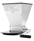 Hullwrecker 2 Roller Grain Mill with metal base and handle for homebrew beer brewing, side view showing adjustable roller gap.