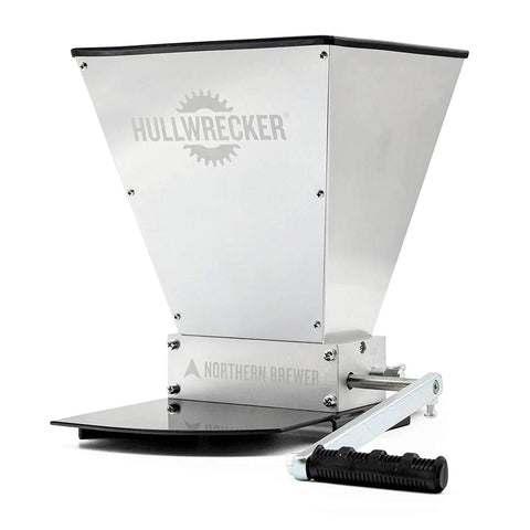 Hullwrecker 2 Roller Grain Mill with metal base and handle for homebrew beer brewing, side view showing adjustable roller gap.