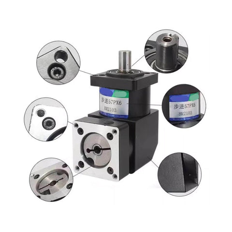 90 Degree Planetary Reducer Gearbox for NEMA 23 Stepper and Servo Motors with Ratios 3 4 6 10, close-up view, rock solid torque