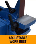 Close-up of adjustable work rest on Tough As Nails 2X60 Three Wheel Belt Grinder for precise metal finishing.