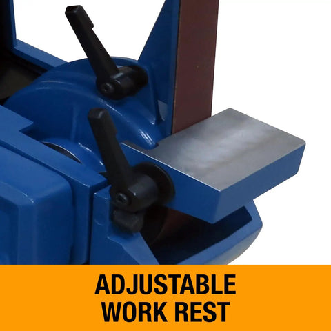 Close-up of adjustable work rest on Tough As Nails 2X60 Three Wheel Belt Grinder for precise metal finishing.