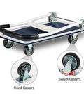 Heavy Duty Steel Platform Cart With Smooth Swivel Wheels And Secure Locking Brakes Folding Utility Wagon Beast Mode Hauler For Garage Warehouse Floor 330 Lbs Capacity, folded position showing swivel and fixed casters.