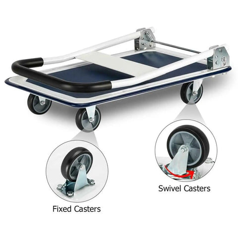 Heavy Duty Steel Platform Cart With Smooth Swivel Wheels And Secure Locking Brakes Folding Utility Wagon Beast Mode Hauler For Garage Warehouse Floor 330 Lbs Capacity, folded position showing swivel and fixed casters.