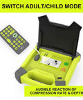 AED trainer kit XFT-120GA in neon yellow with open lid and handheld remote.