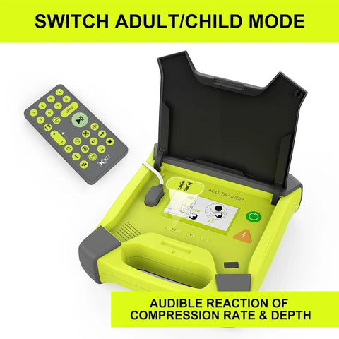 AED trainer kit XFT-120GA in neon yellow with open lid and handheld remote.