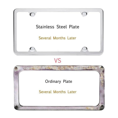 Comparison of Two Pack Slim Stainless Steel License Plate Frames With Mirror Polish Finish vs rusty ordinary plate after months.