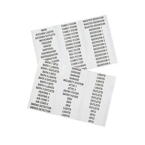 Wire Marker Label Book For Home Electrical Panels With 0.2 Inch By 1.5 Inch Vinyl Coated Labels showing various room labels