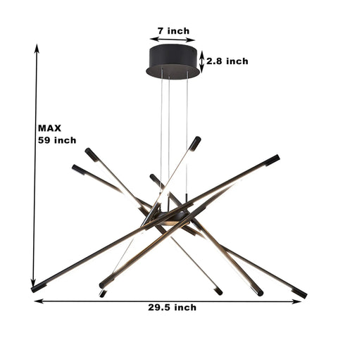 Black Modern LED Sputnik Chandelier With 12 Lights Pendant, 4000K Dimmable Ceiling Fixture in Aluminum and Acrylic, dimensions shown