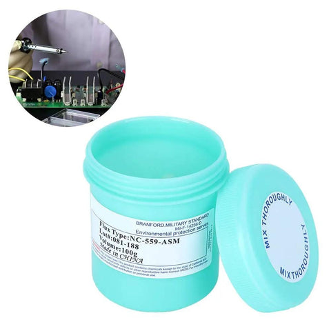 Open container of No Clean Solder Paste For Phone Repair And PCB Rework Pro Grade Tin Flux 559 NC-559 28um next to circuit board