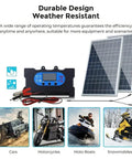 Durable 10W solar panel kit with charge controller, designed for 12V charging, shown with vehicles and outdoor use.