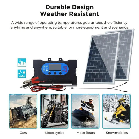 Durable 10W solar panel kit with charge controller, designed for 12V charging, shown with vehicles and outdoor use.