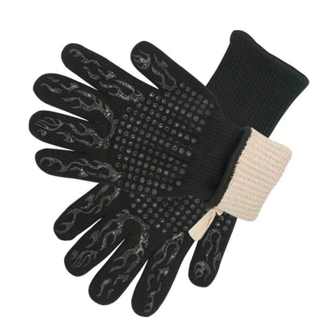 Heavy Duty BBQ Cooking Gloves For Outdoor Grilling And Camping, heat resistant, black gloves with silicone grip dots and flame design.