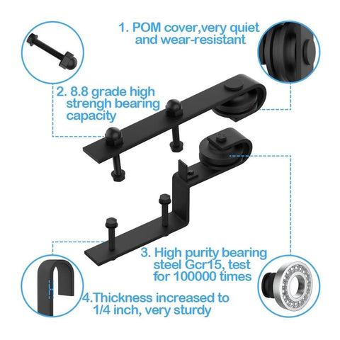 Components of the Bypass Barn Door Hardware Kit With Sliding Track System For Double Doors 4 To 16 Feet Adjustable Length J Shaped Rollers Matte Black Steel