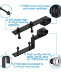 Close-up of components from Bypass Barn Door Sliding Track Kit For Double Doors 4 To 16 Feet J Shaped Hanging Rails Matte Black Steel Hardware