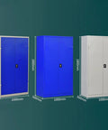 Extra Tall Lockable Metal Tool Cabinet With Two Doors Built Tough Heavy Duty Steel Construction Large Capacity Storage For Garage Workshop Basement Or Warehouse Keeps Tools Organized Safe And Easily Accessible. 1800mm tall steel cabinet shown in blue and white